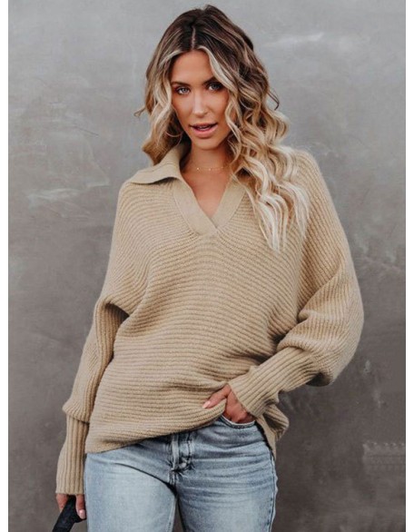 Long Sleeves Solid Color Lapel V-Neck Sweater Tops