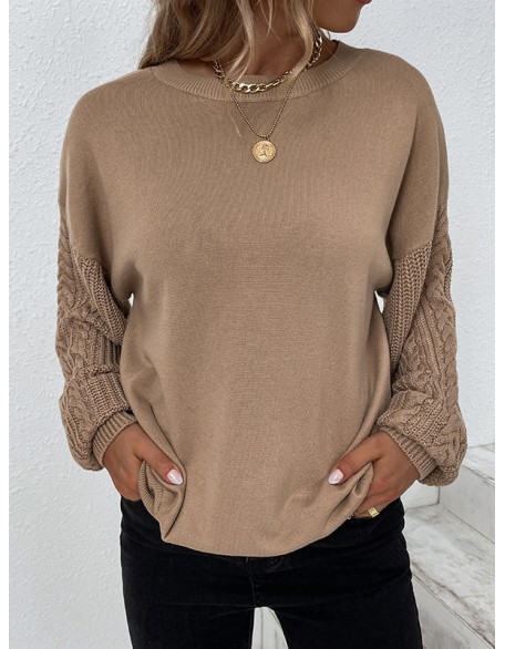 Knitted Twist Long Sleeves Solid Color Round-Neck Sweater Tops