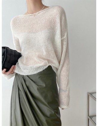 Gentle Mohair Knitted Loose Long Sleeves Solid Color Thin Sweater Tops