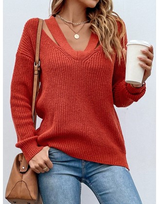 Stylish Loose Solid Color V-Neck Sweater Tops