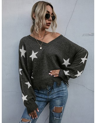 Casual Loose Patchwork V-Neck Sweater Top