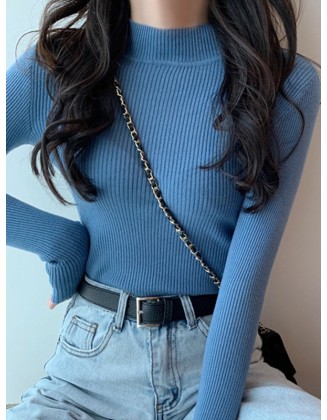 Casual Skinny Long Sleeves Solid Color High-Neck Sweater Tops