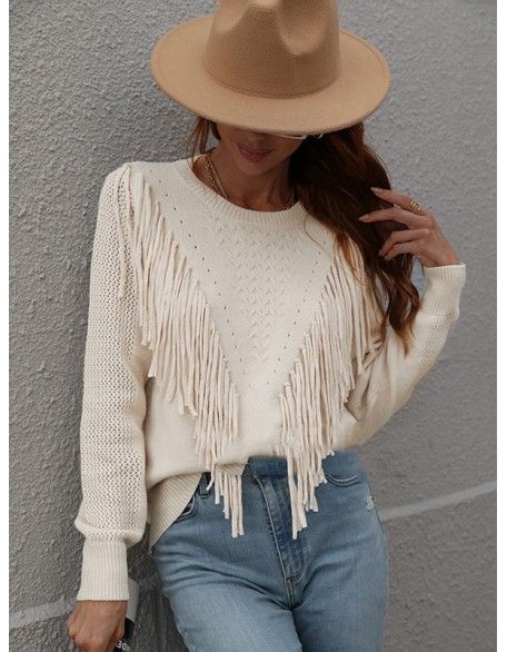 Original Long Sleeves Loose Tasseled Solid Color Round-Neck Sweater Tops