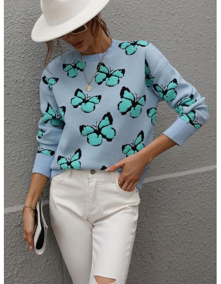 Original Long Sleeves Loose Butterfly Print Contrast Color Round-Neck Sweater Tops