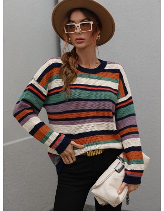 Original Long Sleeves Loose Contrast Color Striped Round-Neck Sweater Tops