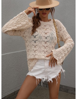 Original Creation Long Sleeves Loose Hollow Solid Color Round-Neck Sweater Tops