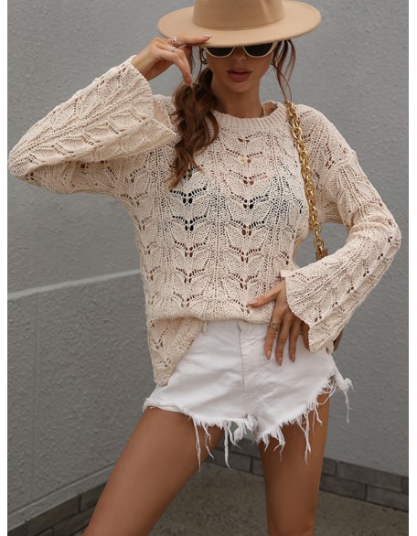 Original Creation Long Sleeves Loose Hollow Solid Color Round-Neck Sweater Tops