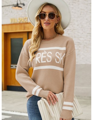 Casual Loose Letter Print Solid Color Round-Neck Sweater Tops