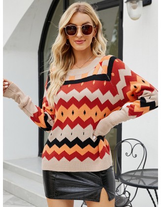 Casual Loose Patchwork Round-Neck Sweater Top