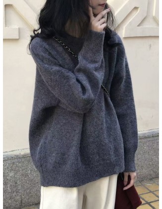 Simple Loose Long Sleeves Round-Neck Sweater Tops Pullovers