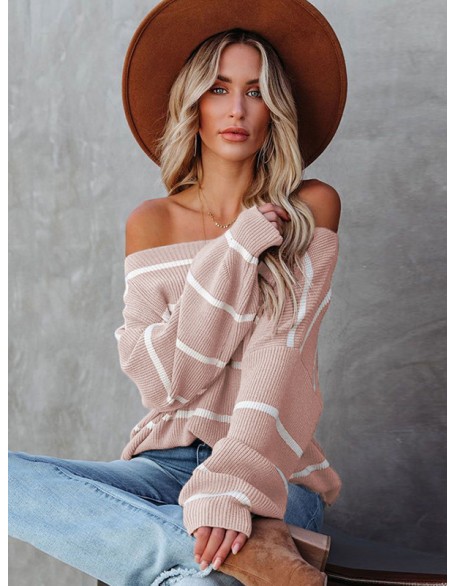 Long Sleeves Striped Off-The-Shoulder Sweater Tops