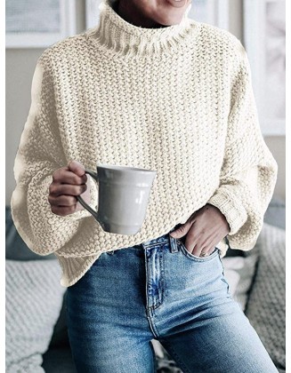 Casual Long Sleeves Solid Color High-Neck Sweater Tops