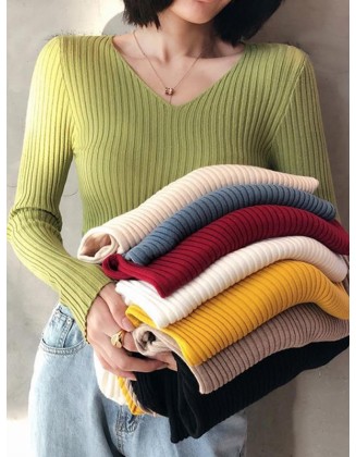 Casual Skinny Long Sleeves Solid Color V-Neck Pullovers