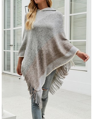 Casual Loose Striped Tasseled Hooded Cape