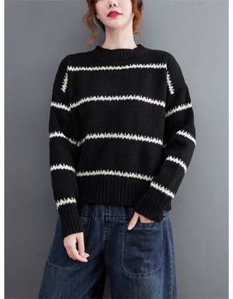 Casual Loose Long Sleeves Striped Round-Neck Sweater Tops