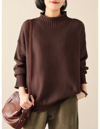 Casual Loose Long Sleeves Solid Color High-Neck Sweater Tops