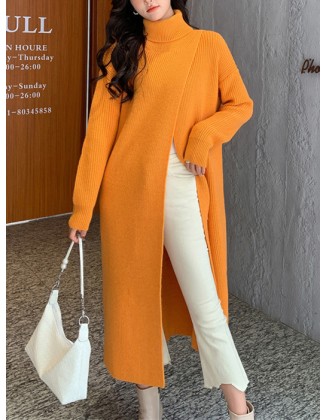 Stylish Long Sleeves Split-Front Solid Color High-Neck Sweater Tops