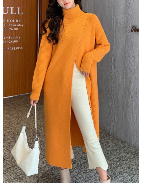 Stylish Long Sleeves Split-Front Solid Color High-Neck Sweater Tops