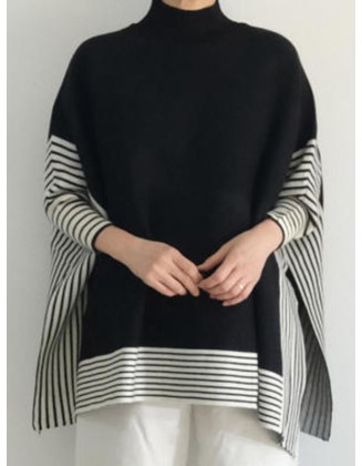 Split-Joint Split-Side Striped Batwing Sleeves Loose High Neck Sweater