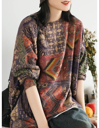 Ethnic Style Round Neck Print Sweater