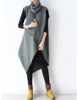 Casual Vintage Knitting High-Neck Sleeveless Dress