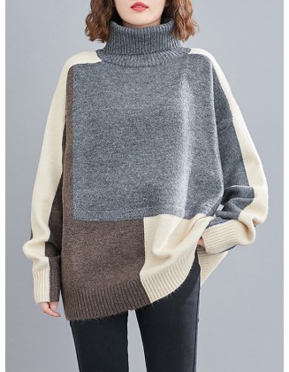 Stylish Split-Joint High-Neck Knitting Sweater