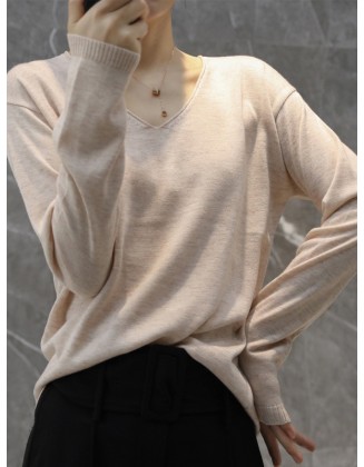 Simple Solid Color V-Neck Long Sleeve Knitwear Tops