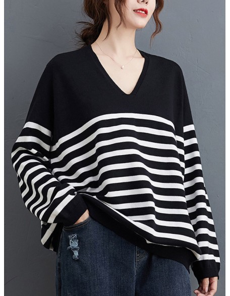 Artistic Retro Casual Loose Striped V-Neck Long Sleeves Knitted Sweater