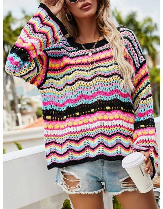 4 Colors Loose Contrast Color Round-Neck Sweater Top