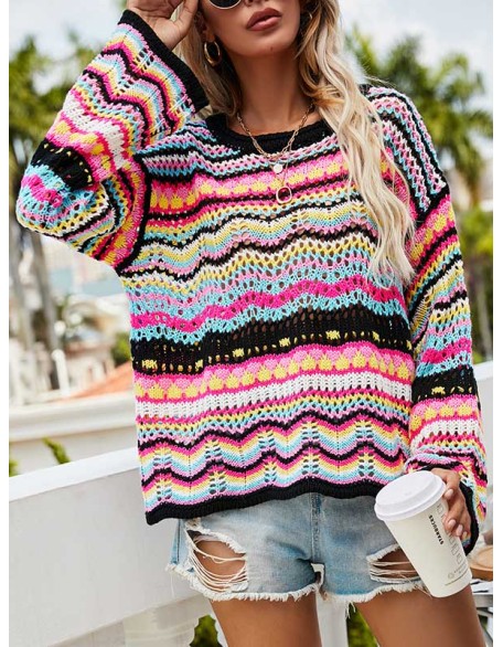 4 Colors Loose Contrast Color Round-Neck Sweater Top