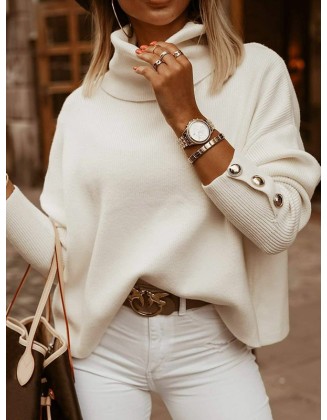 Casual Loose Solid Color High-Neck Long Sleeves Knitwear