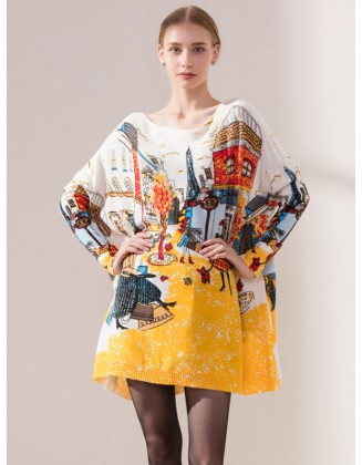 Original Loose Cartoon Printed Round-Neck Long Sleeves Sweater Dress