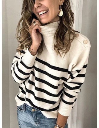 Original Loose Striped Buttoned High-Neck Long Sleeves Sweater Top