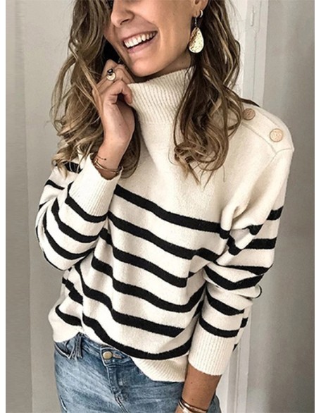 Original Loose Striped Buttoned High-Neck Long Sleeves Sweater Top