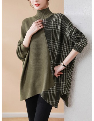 Casual Loose 3 Colors Split-Joint Plaid High-Neck Batwing Long Sleeves Sweater Top