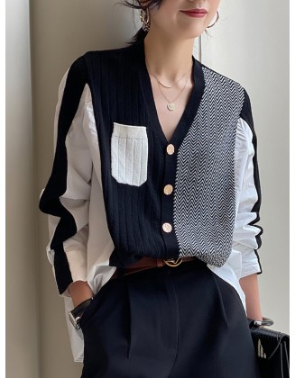 Original Loose Irregular Split-Joint Buttoned V-Neck Long Sleeves Sweater Blouse