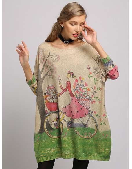 3 Colors New Vintage Batwing Sleeves Printed Sweater