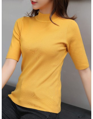 15 Colors Knitting Solid Color High-Neck Short Sleeves Pullover