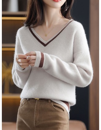 Urban Loose Long Sleeves Contrast Color V-Neck Sweater Tops