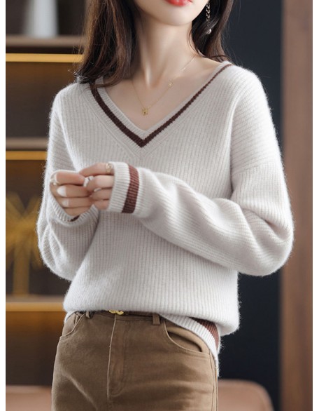 Urban Loose Long Sleeves Contrast Color V-Neck Sweater Tops