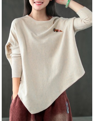 Simple Loose Long Sleeves Solid Color Round-Neck Sweater Tops