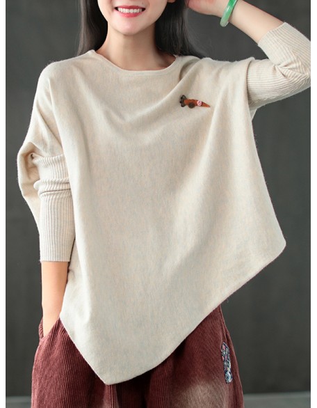 Simple Loose Long Sleeves Solid Color Round-Neck Sweater Tops