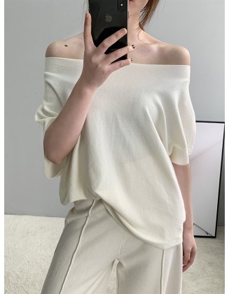 Solid Color Half Sleeves Loose Off-The-Shoulder Sweater Tops Pullovers Knitwear