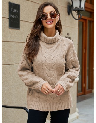 Simple Long Sleeves Loose Jacquard Solid Color High-Neck Sweater Tops