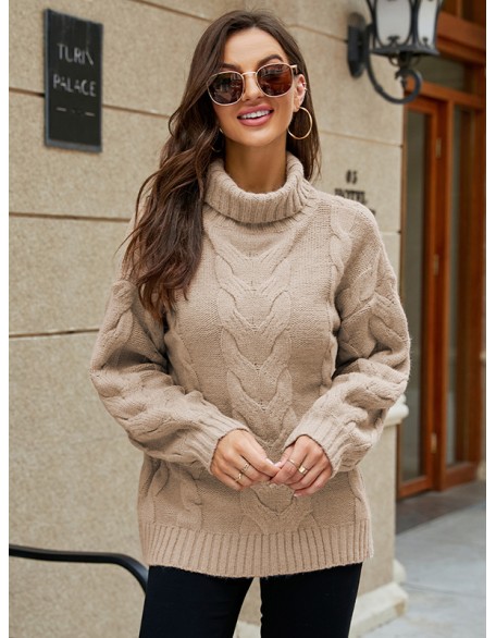 Simple Long Sleeves Loose Jacquard Solid Color High-Neck Sweater Tops