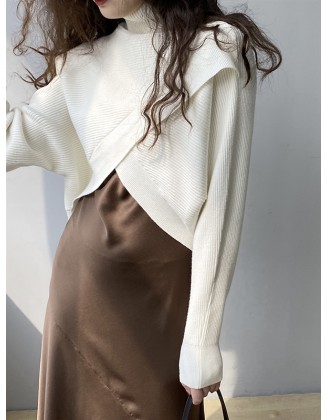 Asymmetric Solid Color Split-Front Long Sleeves High-Neck Sweater Pullovers Knitwear