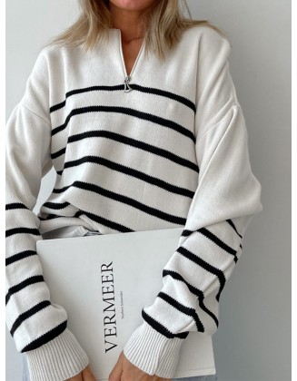 Urban Long Sleeves Loose Striped Round-Neck Sweater Tops