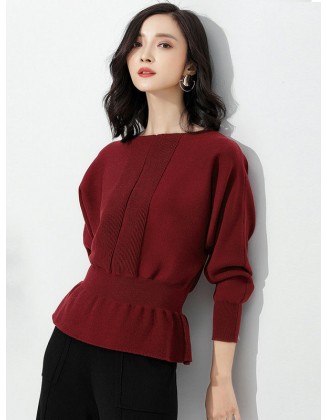 Casual Long Sleeves Solid Color Boat Neck Tunic Sweater Tops