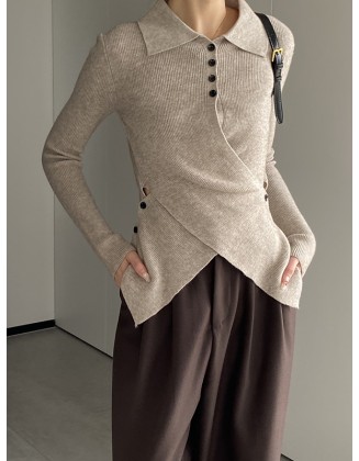 Asymmetric Buttoned Hollow Long Sleeves Skinny Lapel Sweater Pullovers Knitwear