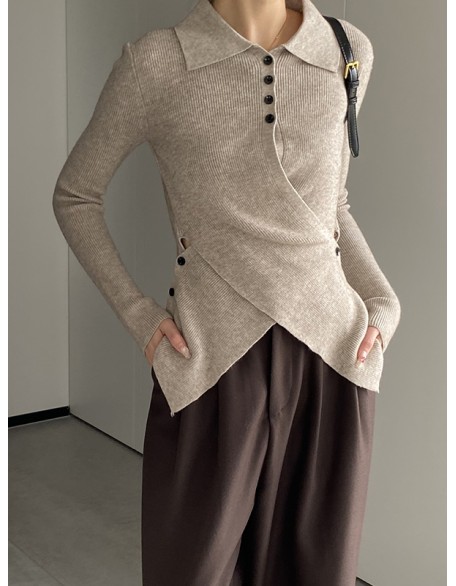 Asymmetric Buttoned Hollow Long Sleeves Skinny Lapel Sweater Pullovers Knitwear